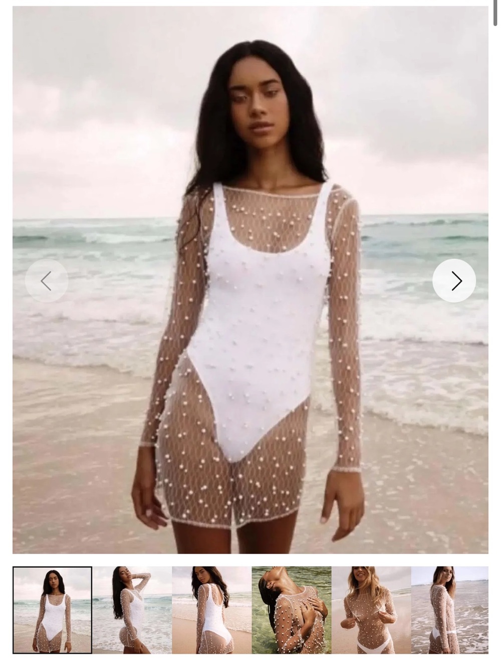 NWT Pearl-Embellished White Sheer Long-Sleeve Swim Coverup